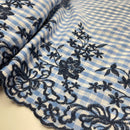 Karo Baumwolle Stoff Stickerei blau mit Bogenkante kariert