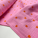 Musselin Stoff Double Gauze Stickerei Herzen rosa neon orange
