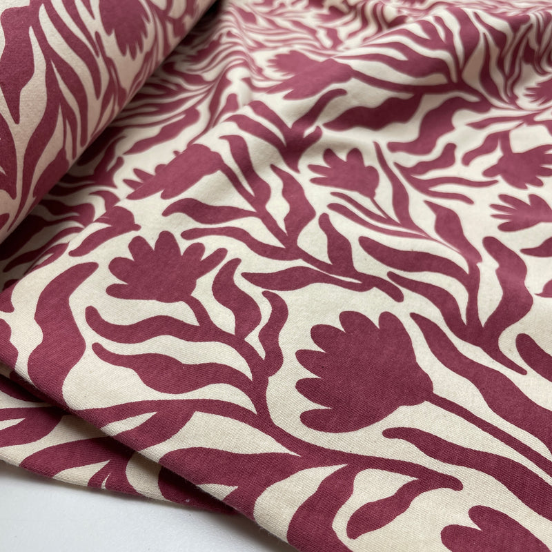 Pommé angerauter Soft Sweat Stoff Blumen bordeaux