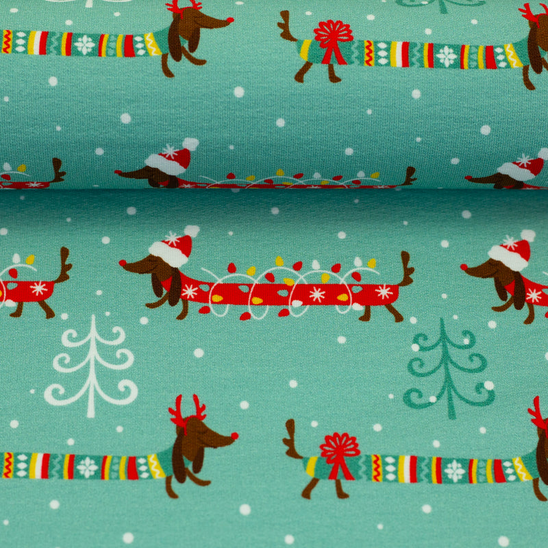 Swafing Holly French Terry Sweat Stoff Weihnachten Dackel mint
