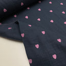 Musselin Stoff Double Gauze Stickerei Herzen rosa dunkelblau
