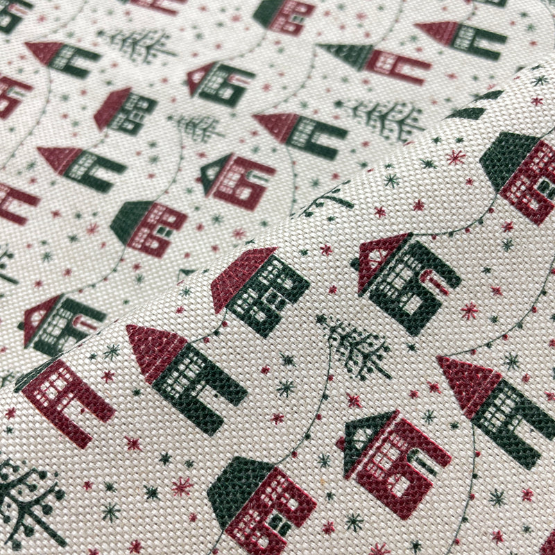 Baumwoll Canvas Stoff Weihnachten Häuser beige