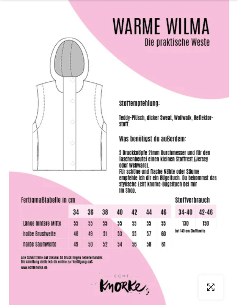 Papierschnittmuster Echt Knorke warme Wilma Weste
