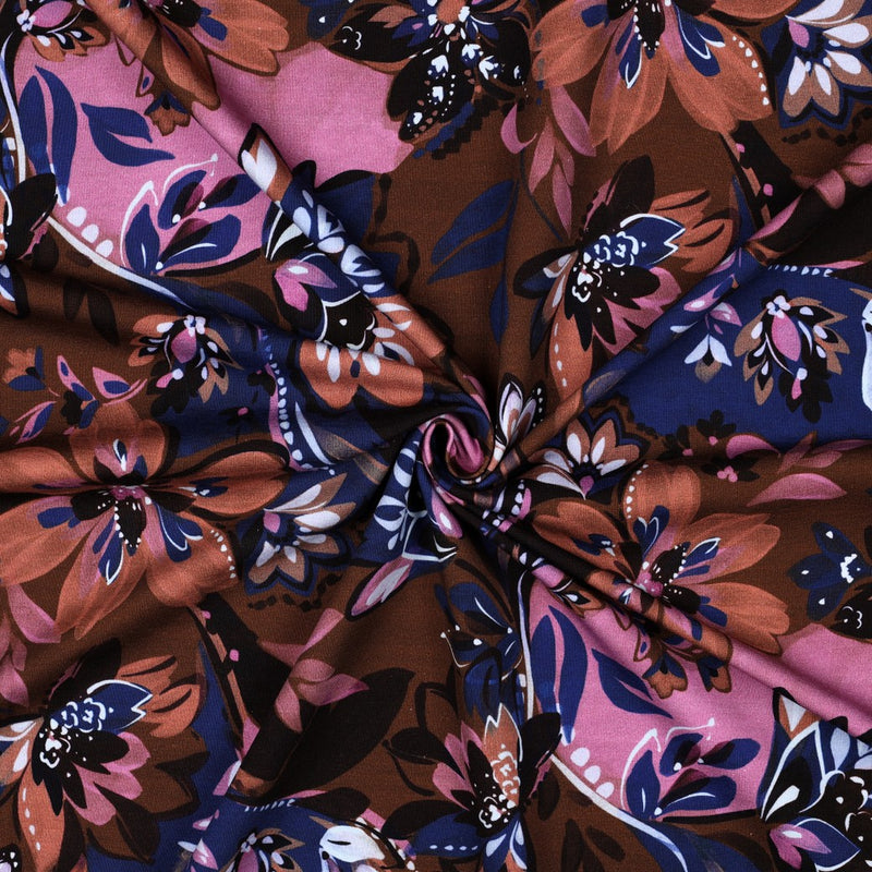 Poppy French Terry Sweat Stoff  Blumen braun