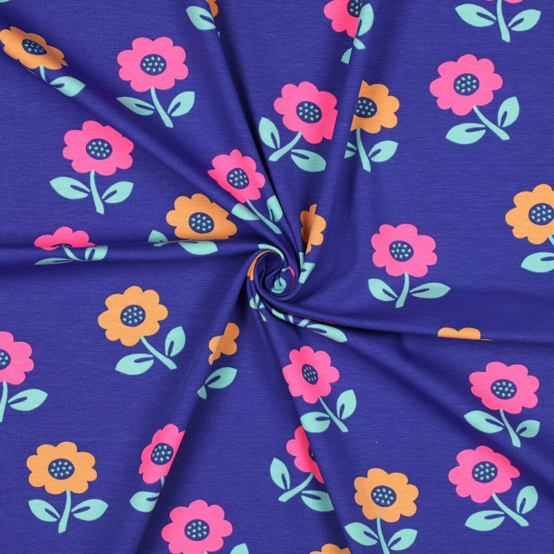 Poppy Jersey Stoff Blumen Neon blau