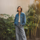 Denim Jeans leichte Baumwolle Stoff Streifen blau rosa