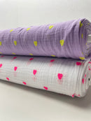 Musselin Stoff Double Gauze Stickerei Herzen flieder neongelb