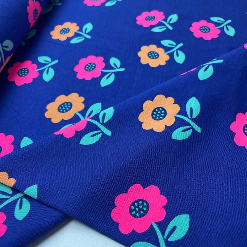 Poppy Jersey Stoff Blumen Neon blau