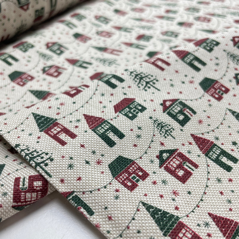 Baumwoll Canvas Stoff Weihnachten Häuser beige