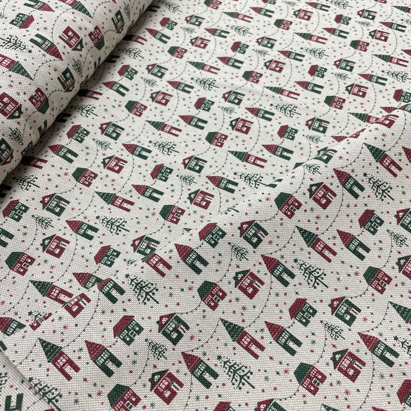 Baumwoll Canvas Stoff Weihnachten Häuser beige
